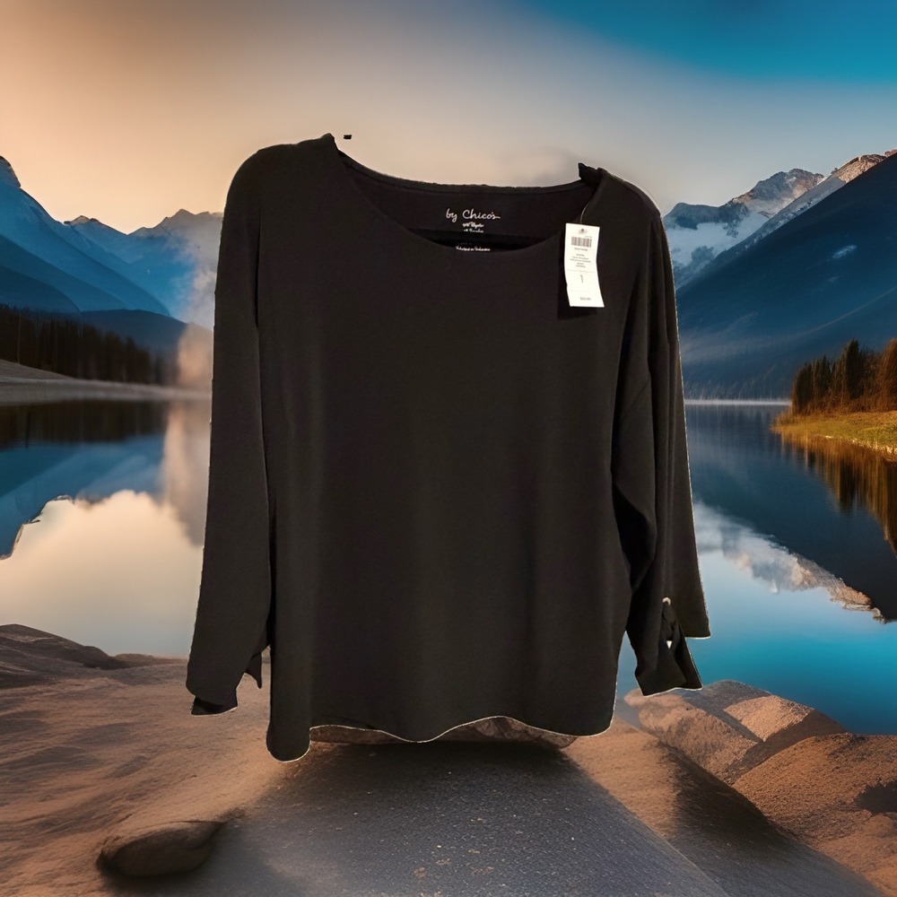 NWT CHICO'S 1 Black Knit Pullover top Sz M 3/4 Grommet Bow Sleeves Travel Basic